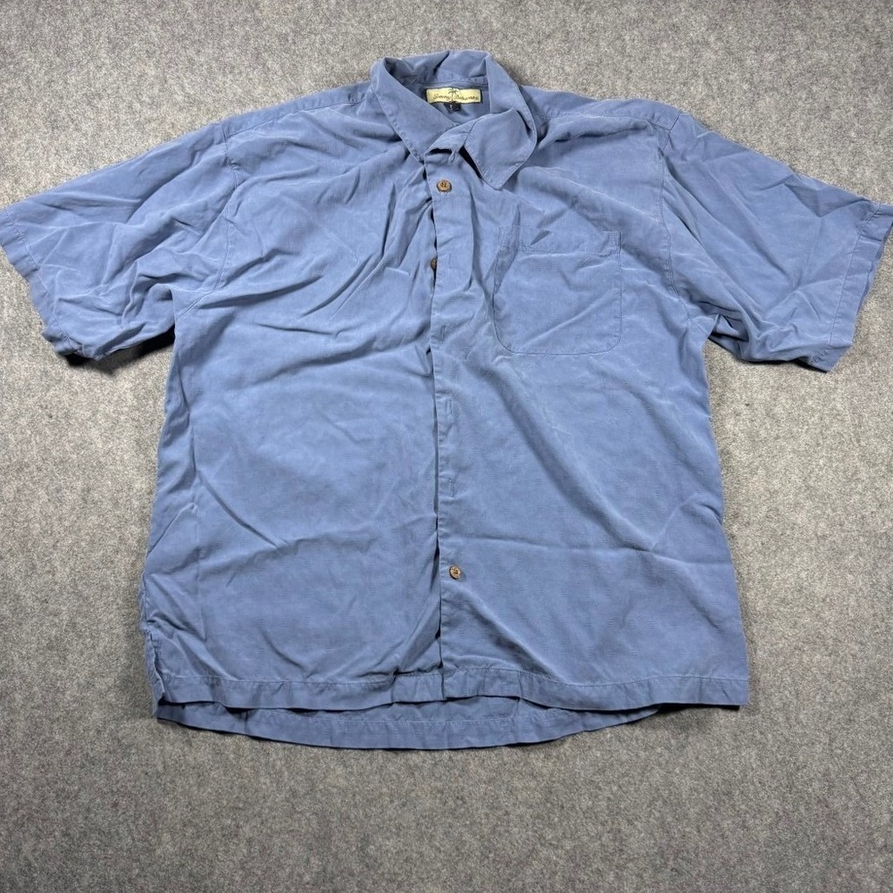 Tommy Bahama Mens XL Blue 100% Silk Jacquard Short Sleeve Button Down Shirt